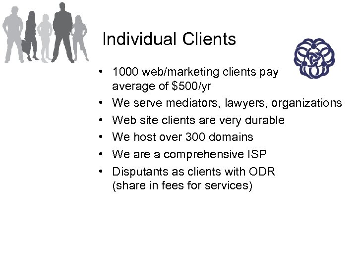 Individual Clients • 1000 web/marketing clients pay average of $500/yr • We serve mediators,
