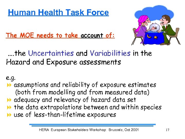 Human Health Task Force The MOE needs to take account of: …. the Uncertainties