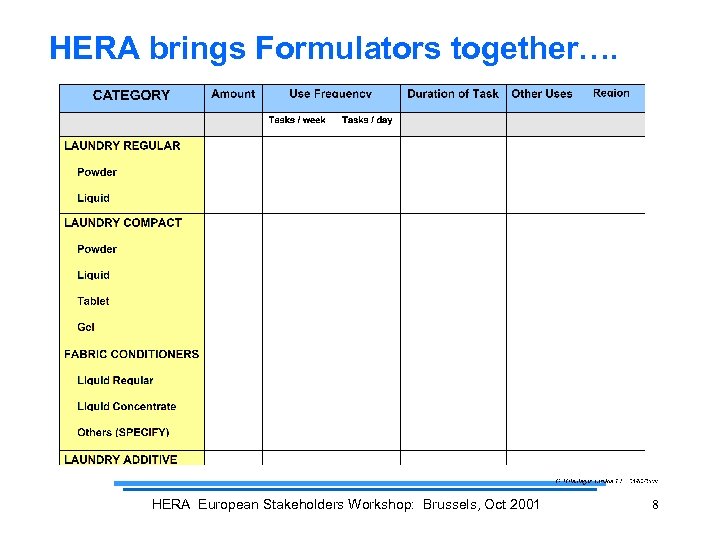 HERA brings Formulators together…. HERA European Stakeholders Workshop: Brussels, Oct 2001 8 