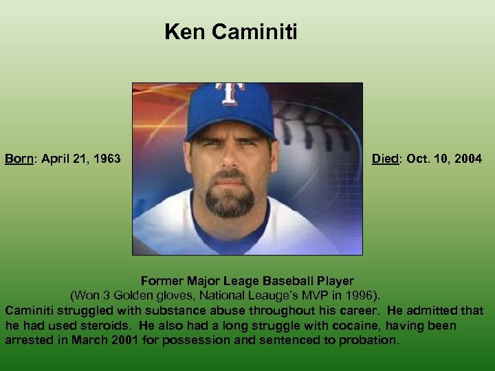 Ken Caminiti Born: April 21, 1963 Died: Oct. 10, 2004 Former Major Leage Baseball