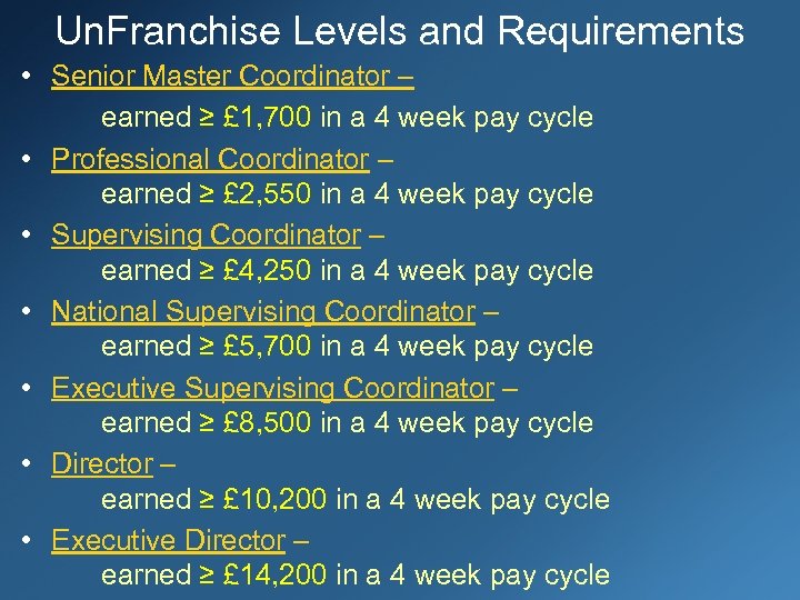 Un. Franchise Levels and Requirements • Senior Master Coordinator – earned ≥ £ 1,