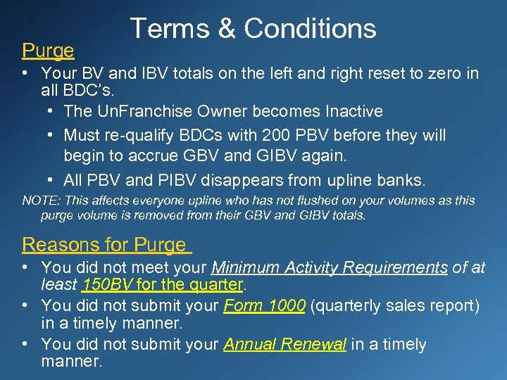Purge Terms & Conditions • Your BV and IBV totals on the left and