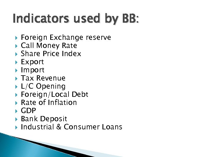 Indicators used by BB: Foreign Exchange reserve Call Money Rate Share Price Index Export