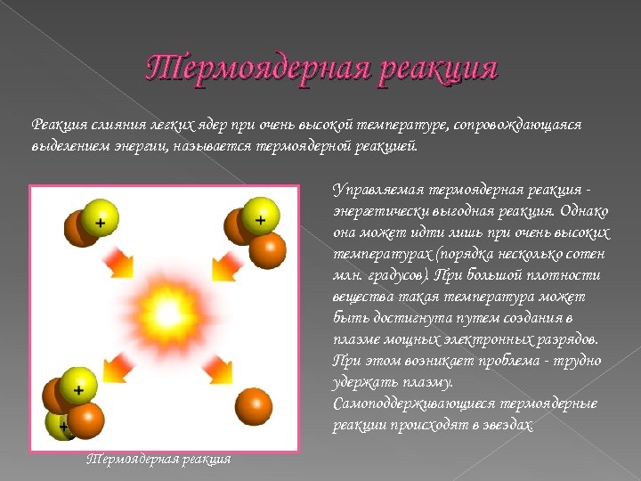 Термоядерная реакция Реакция слияния легких ядер при очень высокой температуре, сопровождающаяся выделением энергии, называется