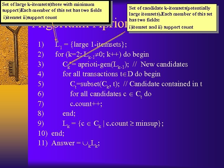 Set of large k-itemsets(those with minimum support)Each member of this set has two fields