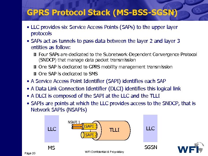 GPRS Protocol Stack (MS-BSS-SGSN) • LLC provides six Service Access Points (SAPs) to the