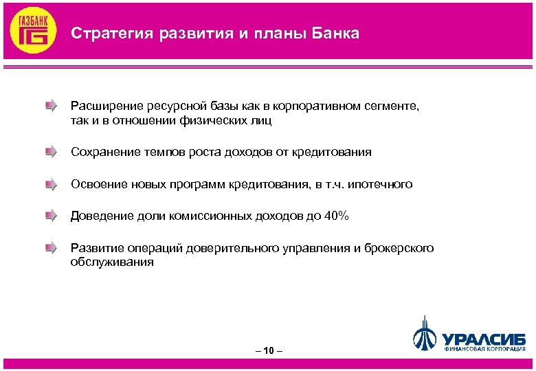 Стратегия развития и планы Банка Расширение ресурсной базы как в корпоративном сегменте, так и