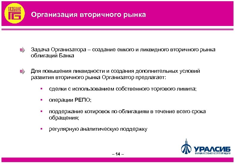 Организация вторичного рынка Задача Организатора – создание емкого и ликвидного вторичного рынка облигаций Банка