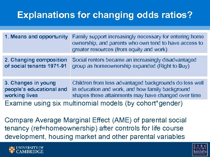 Explanations for changing odds ratios? 1. Means and opportunity Family support increasingly necessary for