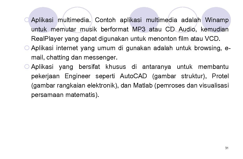 ¡ Aplikasi multimedia. Contoh aplikasi multimedia adalah Winamp untuk memutar musik berformat MP 3
