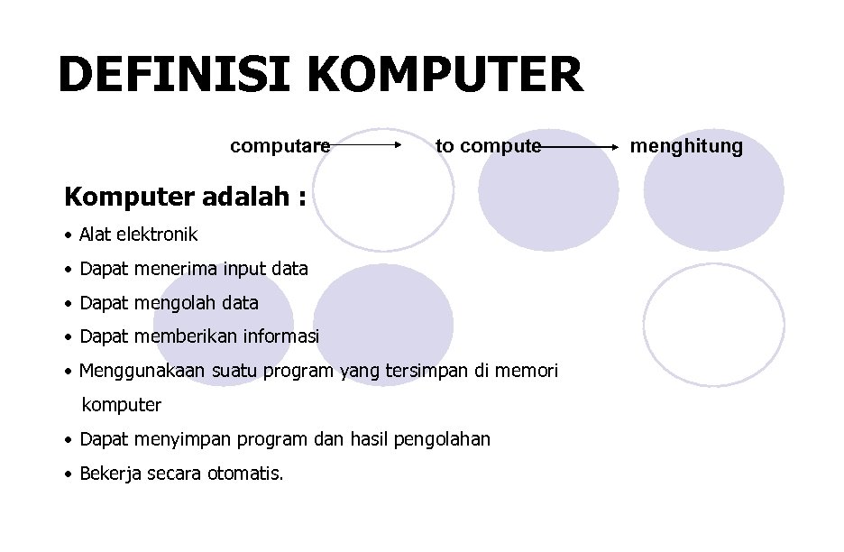 DEFINISI KOMPUTER computare to compute Komputer adalah : • Alat elektronik • Dapat menerima