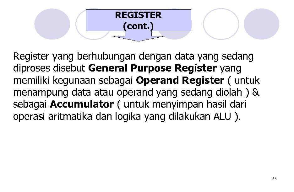 REGISTER (cont. ) Register yang berhubungan dengan data yang sedang diproses disebut General Purpose