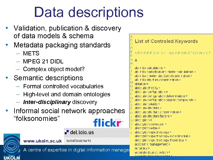 Data descriptions • Validation, publication & discovery of data models & schema • Metadata