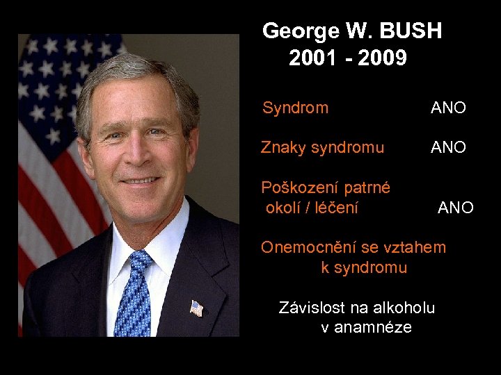 George W. BUSH 2001 - 2009 Syndrom ANO Znaky syndromu ANO Poškození patrné okolí