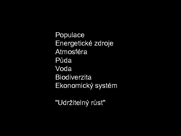 Populace Energetické zdroje Atmosféra Půda Voda Biodiverzita Ekonomický systém 