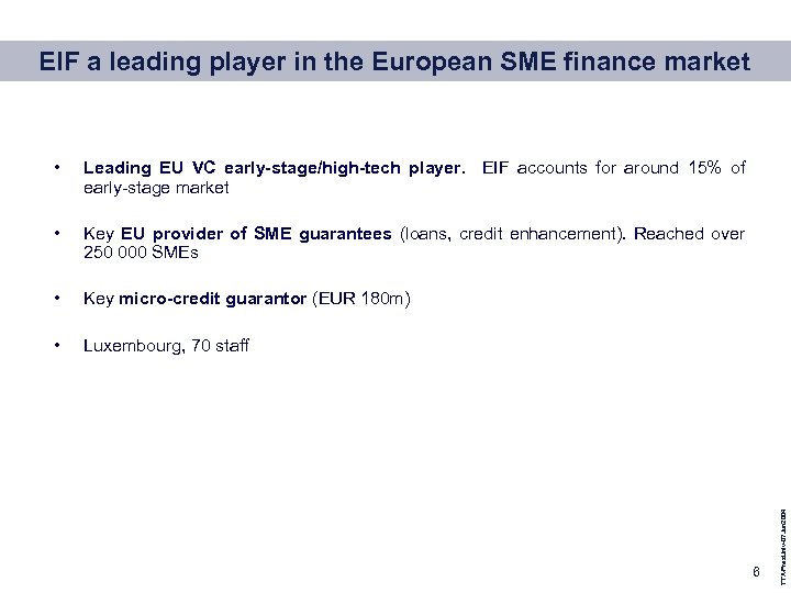 EIF a leading player in the European SME finance market Leading EU VC early-stage/high-tech