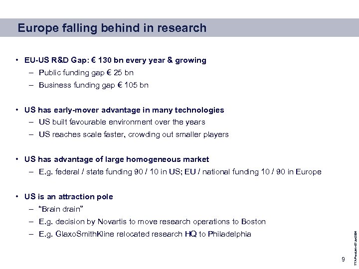 Europe falling behind in research • EU-US R&D Gap: € 130 bn every year