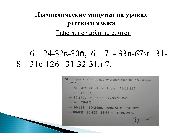 Логопедические минутки на уроках русского языка Работа по таблице слогов 8 6 24 -32