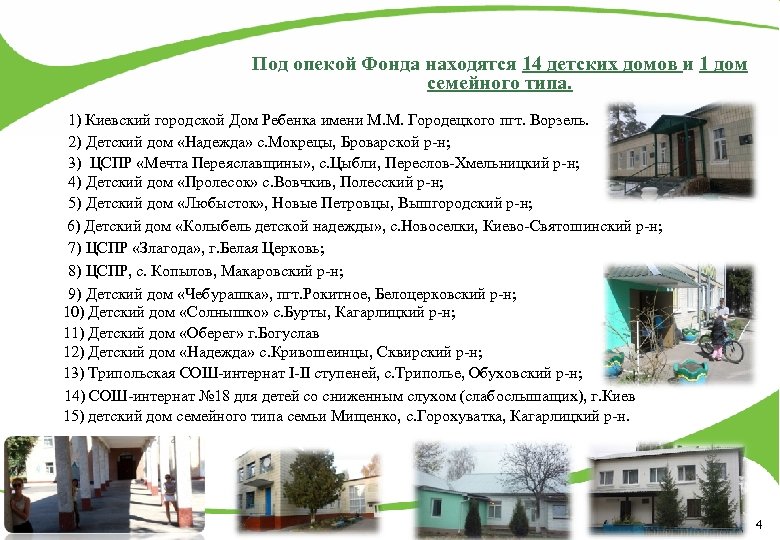 Под опекой Фонда находятся 14 детских домов и 1 дом семейного типа. 1) Киевский
