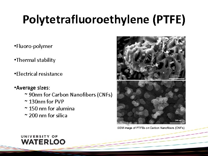 Polytetrafluoroethylene (PTFE) • Fluoro-polymer • Thermal stability • Electrical resistance • Average sizes: ~