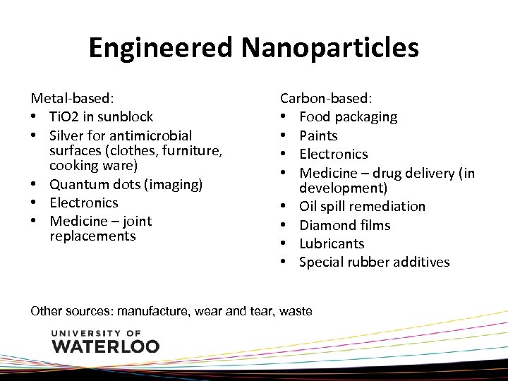 Engineered Nanoparticles Metal-based: • Ti. O 2 in sunblock • Silver for antimicrobial surfaces