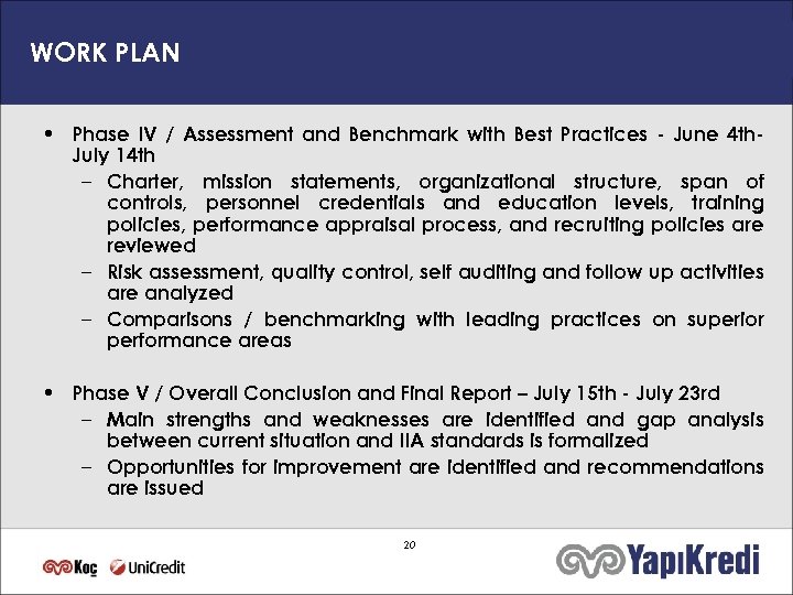 WORK PLAN • Phase IV / Assessment and Benchmark with Best Practices - June