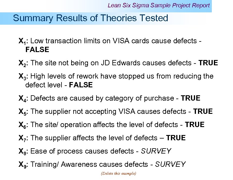Lean Six Sigma Sample Project Report Summary Results of Theories Tested X 1: Low