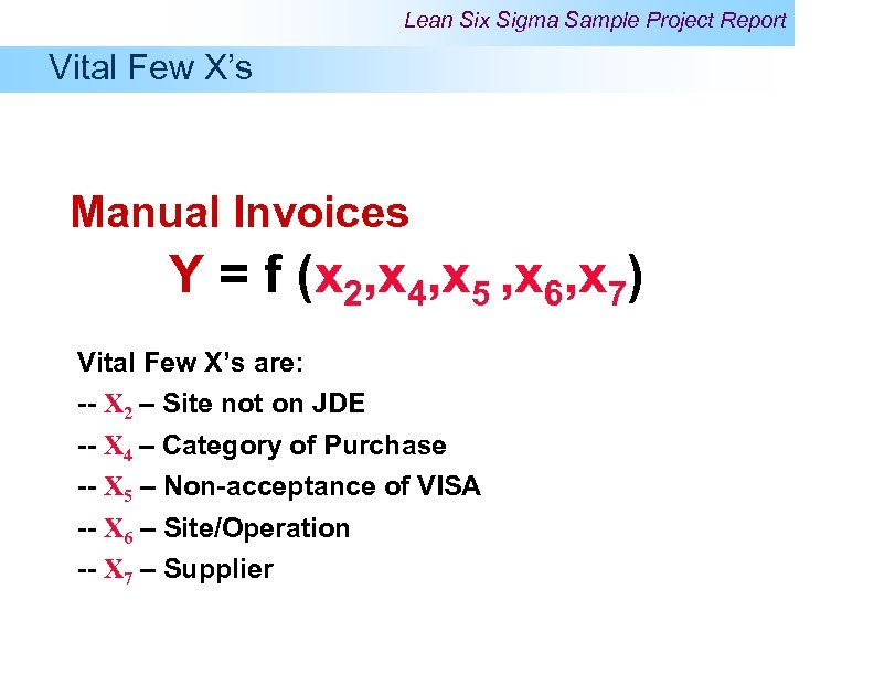 Lean Six Sigma Sample Project Report Vital Few X’s Manual Invoices Y = f