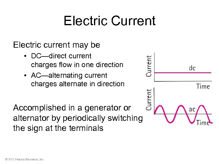 Electric Current Electric current may be • DC—direct current charges flow in one direction