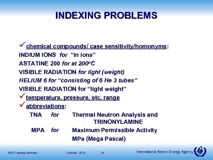 INDEXING PROBLEMS üchemical compounds/ case sensitivity/homonyms: INDIUM IONS for “in ions” ASTATINE 200 for