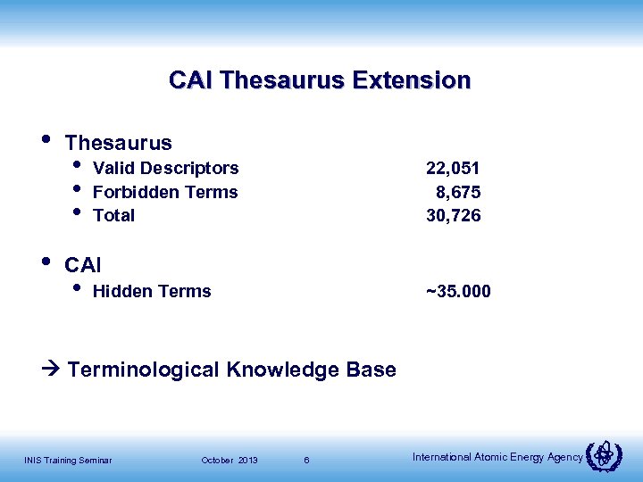 CAI Thesaurus Extension • • Thesaurus • • • Valid Descriptors Forbidden Terms Total