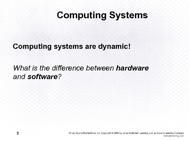 Computing Systems Computing systems are dynamic! What is the difference between hardware and software?