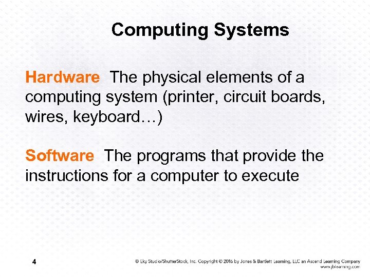 Computing Systems Hardware The physical elements of a computing system (printer, circuit boards, wires,