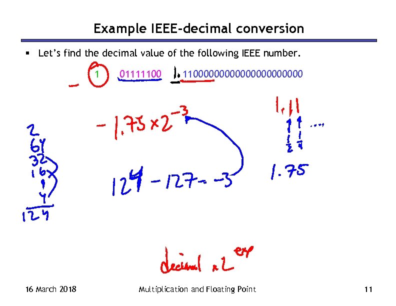 Example IEEE-decimal conversion § Let’s find the decimal value of the following IEEE number.
