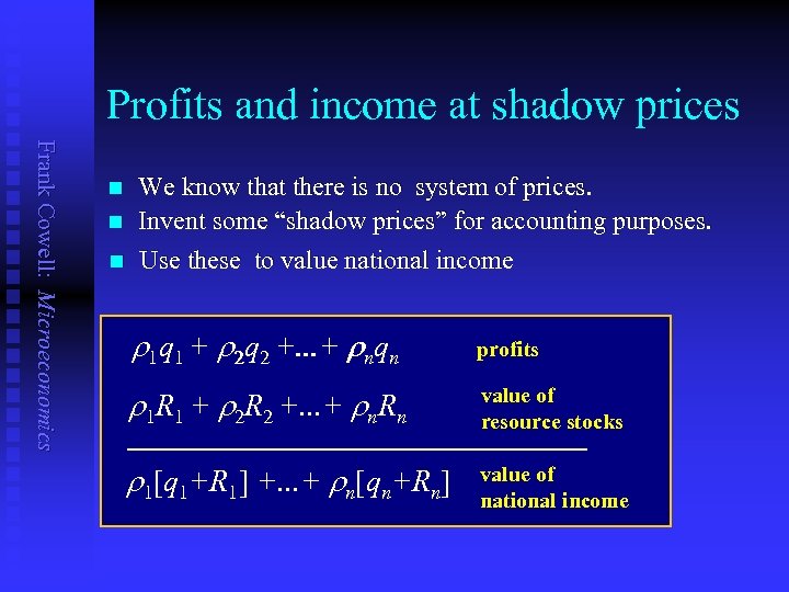 Profits and income at shadow prices Frank Cowell: Microeconomics n n n We know