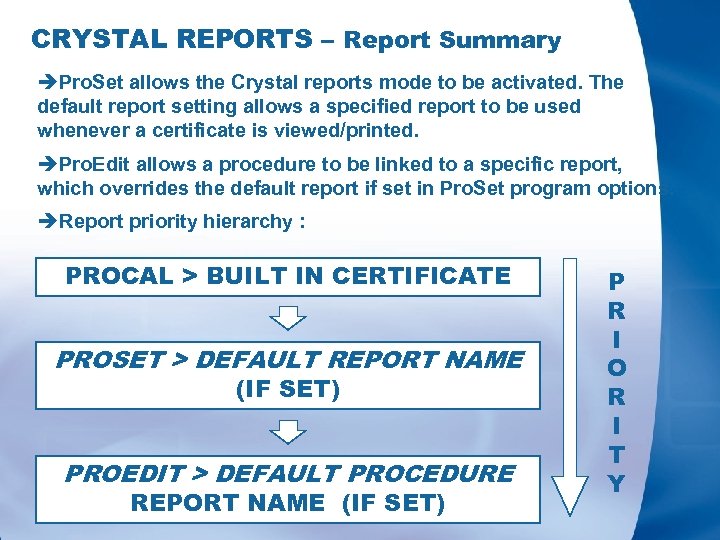 CRYSTAL REPORTS – Report Summary èPro. Set allows the Crystal reports mode to be