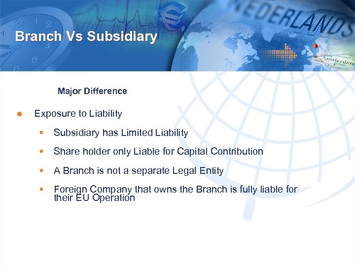 Branch Vs Subsidiary Major Difference ● Exposure to Liability § Subsidiary has Limited Liability