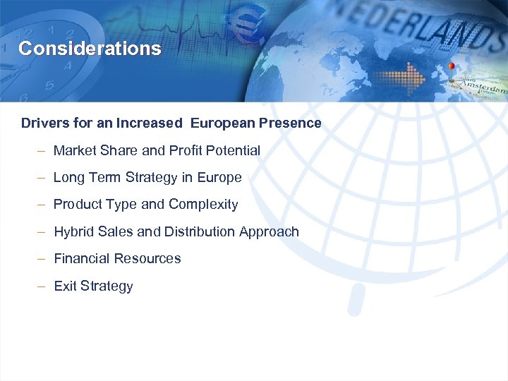  Considerations Drivers for an Increased European Presence – Market Share and Profit Potential