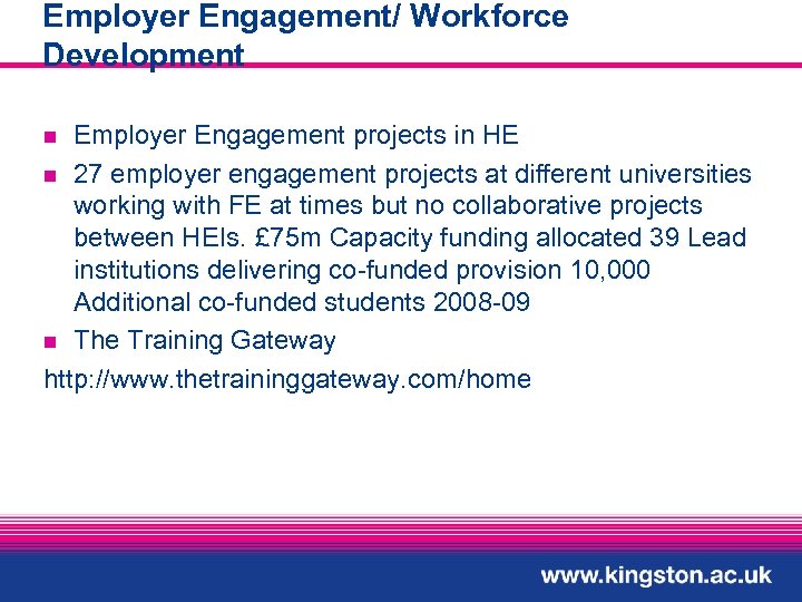 Employer Engagement/ Workforce Development Employer Engagement projects in HE n 27 employer engagement projects