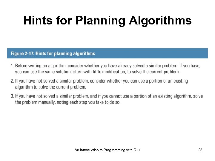 Hints for Planning Algorithms An Introduction to Programming with C++ 22 