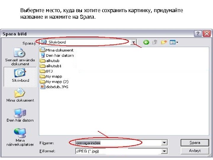 Выберите место, куда вы хотите сохранить картинку, придумайте название и нажмите на Spara. 