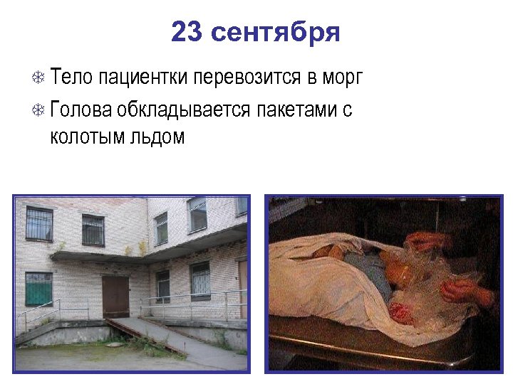 23 сентября Тело пациентки перевозится в морг Голова обкладывается пакетами с колотым льдом 