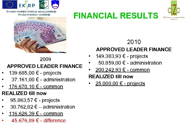 Evropski kmetijski sklad za razvoj podeželja Evropa investira v podeželje FINANCIAL RESULTS 2010 2009