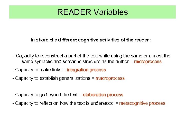 READER Variables In short, the different cognitive activities of the reader : - Capacity