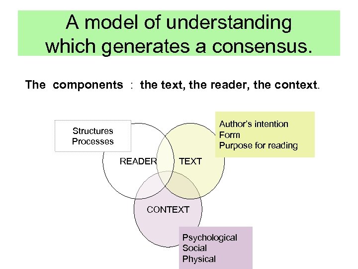 A model of understanding which generates a consensus. The components : the text, the