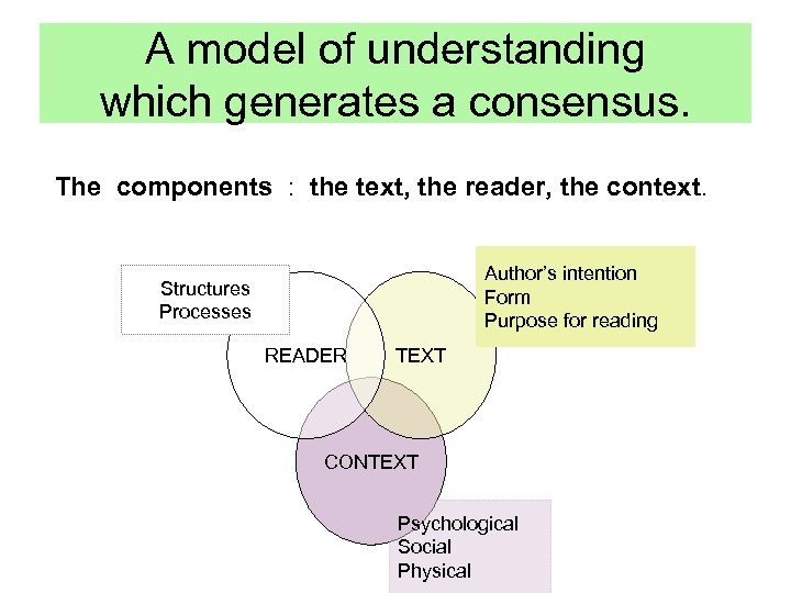 A model of understanding which generates a consensus. The components : the text, the