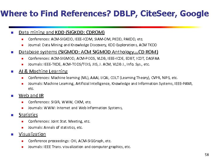 Where to Find References? DBLP, Cite. Seer, Google n Data mining and KDD (SIGKDD: