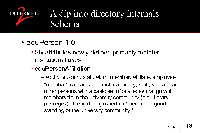 A dip into directory internals— Schema • edu. Person 1. 0 • Six attributes