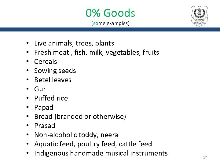 0% Goods (some examples) • • • • Live animals, trees, plants Fresh meat