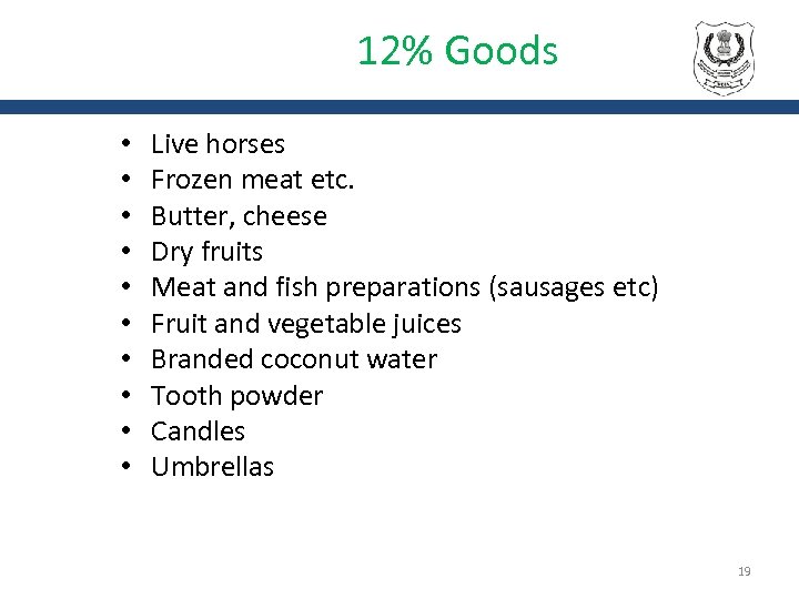 12% Goods • • • Live horses Frozen meat etc. Butter, cheese Dry fruits